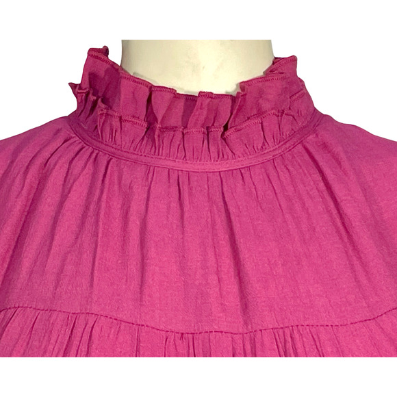 Entro Sz L Tiered Dress High Neck Peasant Sleeve Tie Back Orchid Pink Flowy Boho - Picture 5 of 9